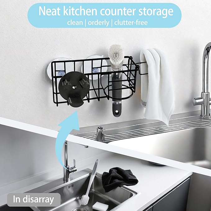 Sponge Holder Smile Face with Dish Cloth Hanger for Kitchen Sink, In-sink Caddy Organizer with Suction Cups & Adhesive Strips, Rustproof Sponge Rack for Soap, Brush, Scrubber - Black