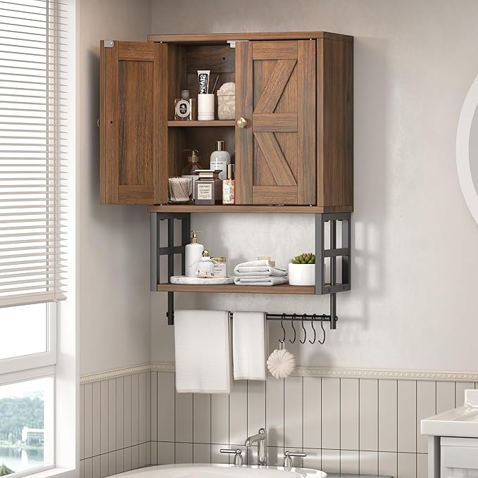 Farmhouse Medicine Cabinet - 3-Tier Wall Mounted Storage Organizer with Adjustable Shelves, Towel Bar, 5 Hooksfor Small Bathroom, Laundry Room, Over Toilet, Living Room, Bedroom (Walnut)