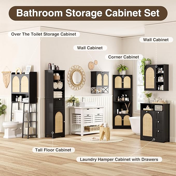 67"H Bathroom Storage Cabinet with Rattan Doors and Slide Storage, Tall Narrow Standing Tower Cabinet with Adjustable Shelves, Small Bathroom Floor Organizer for Entryway, Kitchen, Black