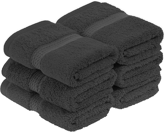 BLUENILEMILLS BNM Egyptian Cotton 6-Piece Towel Set, Includes 6 Face Towels, Attached Loop for Easy Hanging and Storage, Hotel Quality, Perfect for Bathroom, Gym, Shower Space, or Spa, Charcoal