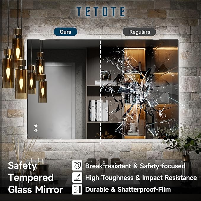 TETOTE 40 x 32 Inch LED Backlit Bathroom Vanity Mirror,Anti-Fog,Dimmable,CRI90+,Touch Button,Water Proof,Horizontal/Vertical Wall Mounted with Light