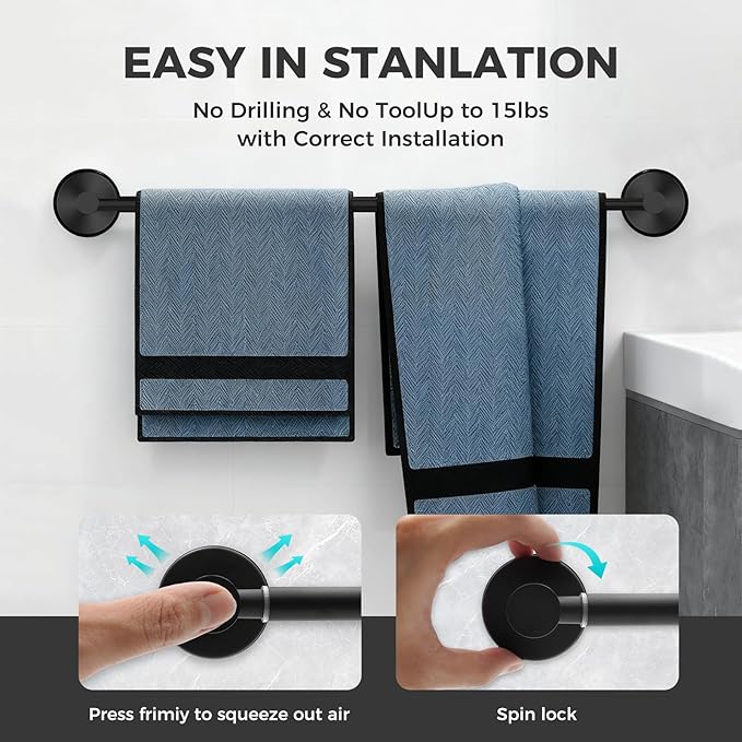 Adjustable Suction Cup Towel Bar for Bathroom Wall,14.6Inch~24 Inch Towel Racks for Bathroom,Stainless Steel Bath Towel Holder for Shower,2 Pack(Matte Black)