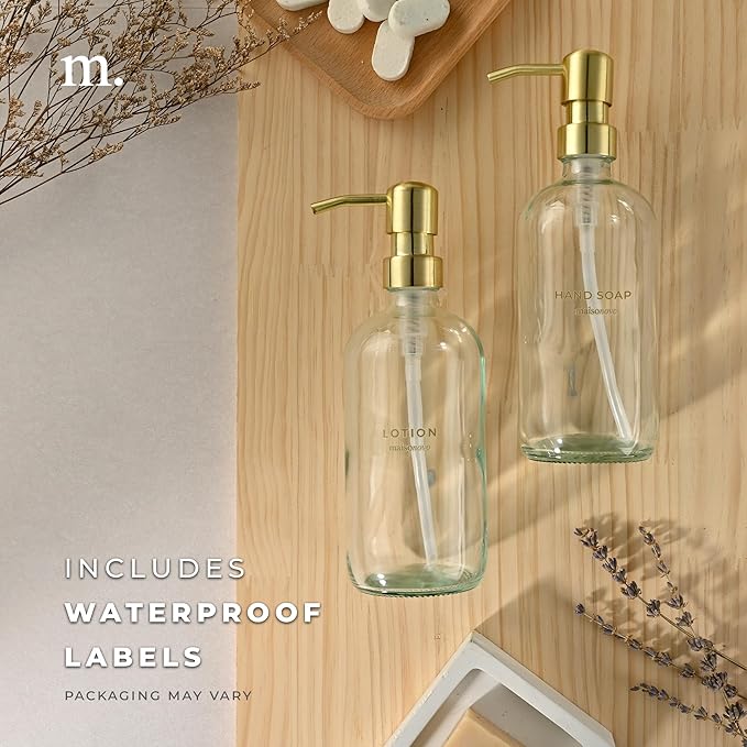 MaisoNovo Soap Dispenser 2-Piece Set | 16.9oz Clear Bottles with Gold Stainless Steel Pump