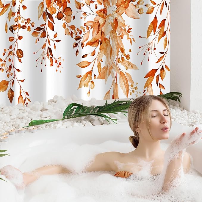 Gibelle Small Stall Shower Curtain 36 x 72, Narrow Orange Floral Shower Curtain for Bathroom, Fall Watercolor Plant Eucalyptus Leaves Fabric Shower Curtain Set