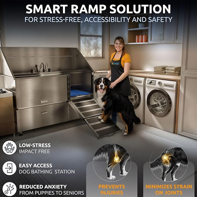 KANIS Professional Dog Washing Station - 304 Stainless Steel Pet Wash Sink & Grooming Bathtub w/Shower, Floor Grates and Storage for Large, Medium & Small Pets (61", 2 Drawers - Right Ramp)