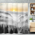 Riyidecor Misty Mountain Shower Curtain 72Wx72H Inch Black Sunrise Foggy Woodland Greenery Smokey Scenery Tree Nature Pine Scenic Rustic Bathroom Decor Fabric Polyester Waterproof 12 Pack Hooks