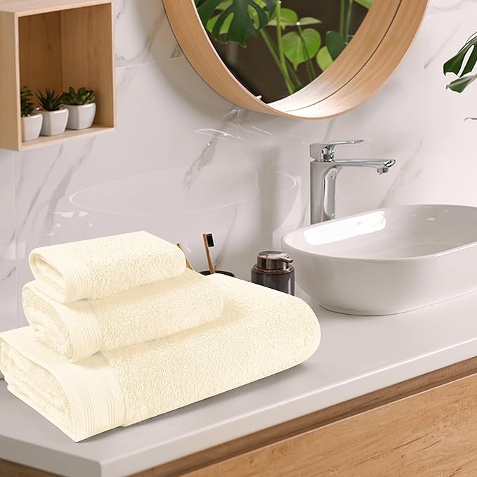 Ultra Soft 3 Pack Cotton Towel Set, Contains a Bath Towels 28x55 inch, a Hand Towels 16x24 inch & a Wash Coths 12x12 inch, Ideal Everyday use, Compact & Lightweight - Ivory