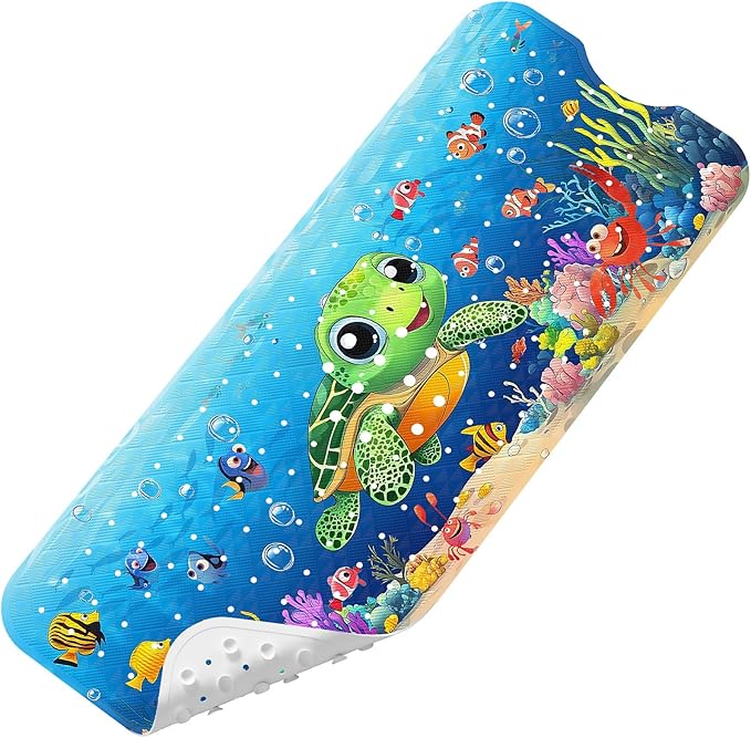 Upgrade Cartoon Baby Bath Mat Non Slip - 40"x16" Extra Long Bathtub Mat for Baby Eco Friendly Durable Bath Mat for Tub Non Slip Kids Tub Mat with Suction Cups, Machine Washable and No Fading, Turtle