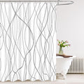 Tititex Morden 140gms Faux Linen Fabric Bath Shower Curtain Set Textured Fabric with White Gray Curve Pattern 72x72 Inch Water Resistant Bathroom Curtains, Weighted Hem & Hooks for Home/Hotel
