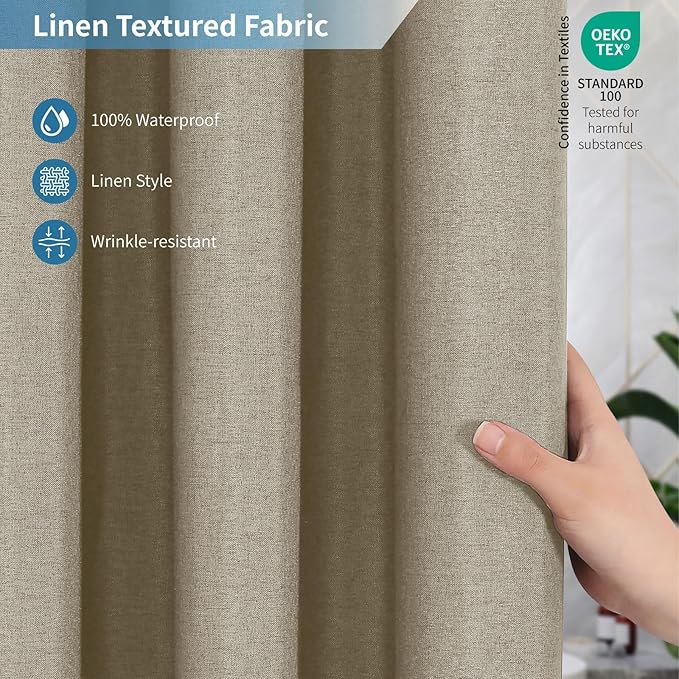 2-in-1 Waterproof Extra Long Fabric Shower Curtain or Liner,Linen Textured,84 Inch Breathable TPU & Washable Bathroom Shower Curtain Set with 12 Plastic Hooks,Modern,72"x84" Khaki