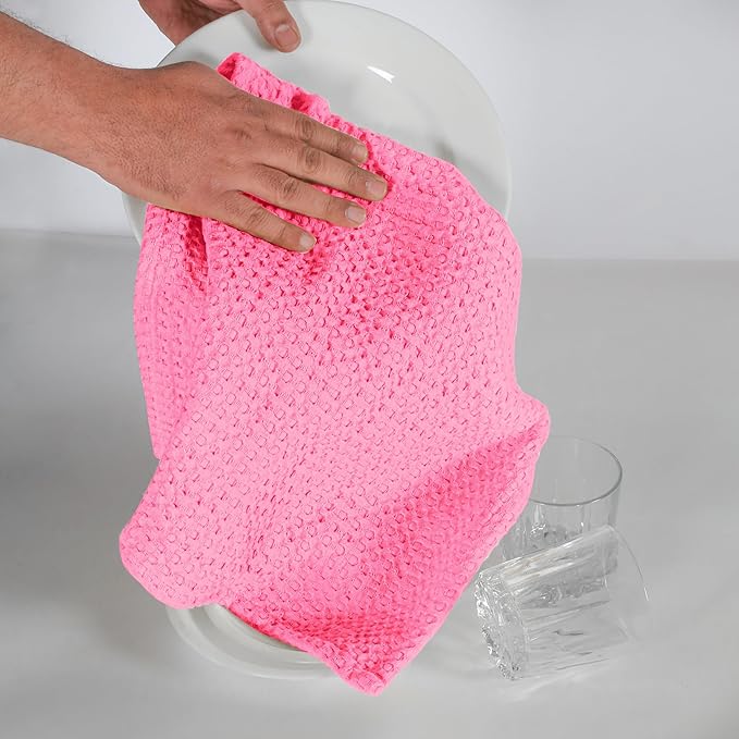 Native Fab 100% Cotton Premium Waffle Kitchen Towels, 4 Pack, 16" x 26", Super Absorbent Reusable Cleaning Cloths, Tea Towels, Machine Washable Hand Towels, Pink