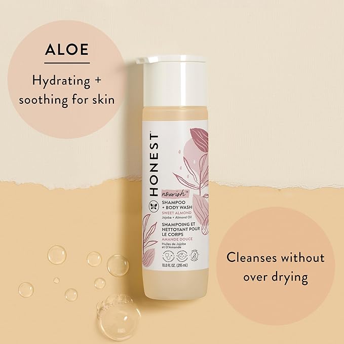 The Honest Company 2-in-1 Cleansing Shampoo Body Wash Gentle for Baby Naturally Derived Tear-free Hypoallergenic Sweet Almond Nourish 18 fl oz