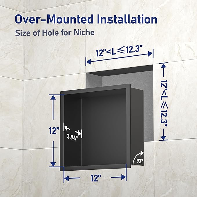 Stainless Steel Shower Niche 12" X 12" Matte Black No Tile Needed Niche Shower Recessed Wall Niches for Bathroom Storage Over Mount Installation