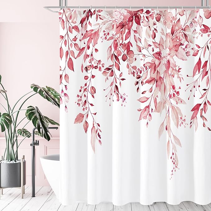 Gibelle Pink Eucalyptus Shower Curtain, Watercolor Plant Leaves with Floral Bathroom Shower Curtain Set, 72x72