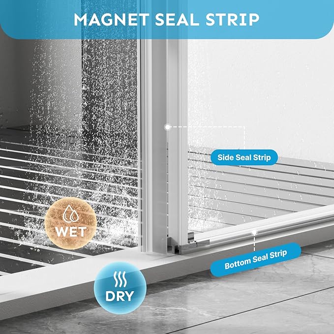 48" x 72" Frameless Sliding Shower Door, (1/4") Tempered Glass, Heavy-Duty 304 Stainless Steel Hardware, Adjustable 46-48" Width, Silent φ45 Rollers & 6" Handle, No-Leak F-Type/Bubble Seals