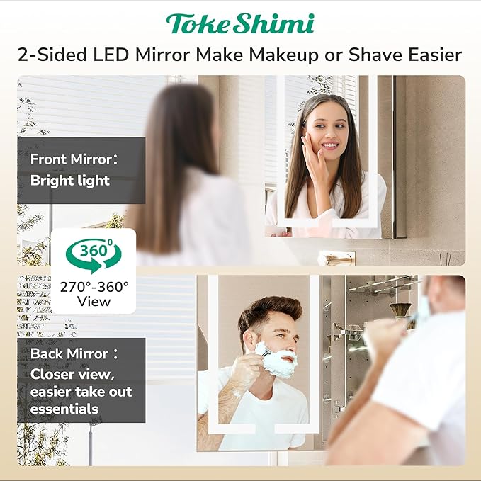 TokeShimi 36x30 Led Mirrored Medicine Cabinet Recessed for Bathroom Vanity, 3 Color Dimmable Medicine Cabinet with Mirror Lighted and Defogger,2-Side Fornt Lit Bathroom Mirror with Storage,2 Sockets