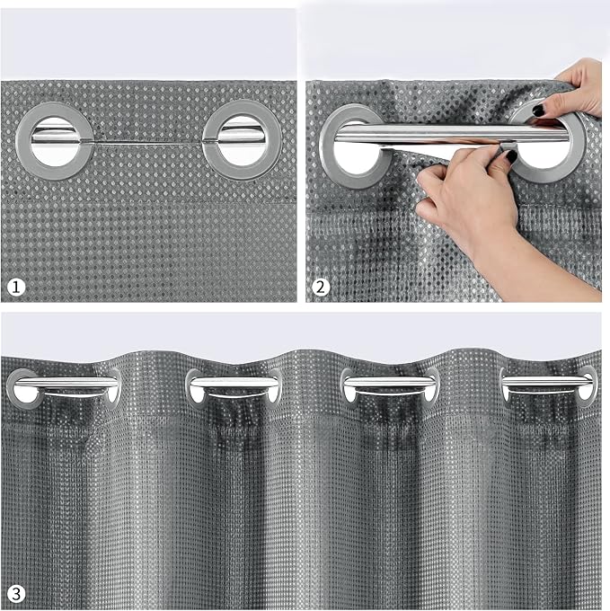 MitoVilla No Hooks Needed Extra Long Shower Curtain Liner Set, 86 inch XL Black Waffle Heavyweight Fabric Cloth Shower Curtains Set with Snap-in Liner for Modern Luxury Hotel & Spa Bathroom Decor