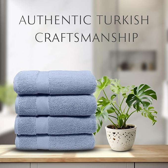 MAURA Light Blue Extra Large Turkish Cotton Luxury Bath Towels Set of 4. Ultra-Soft, Thick & Plush Towels for Bathroom - Serenity Blue