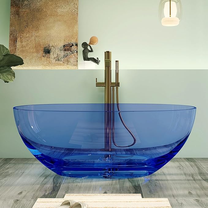 61" Premium Solid Surface Freestanding BathTubs, Upgraded Modern Transparent Blue Design Stand Alone Tub with Pop-up Drain