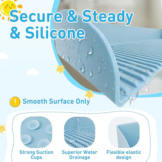 Roslim Splash Guard for Bathtub, Silicone Tub Water Splash Guard with Suction Cups, Bath Toy Tray Holder for Kids & Toddlers, Tub Shelf for Children Bathroom Essentials, Baby Blue