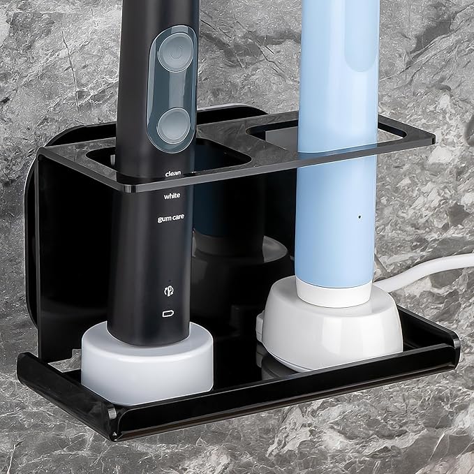 2Pack Electric Toothbrush Holder Wall Mounted, Electric Toothbrush Cord Organizer Holds 2 Chargers, Self Adhesive Electric Toothbrush Stand for Bathroom, Medicine Cabinet, Dorm(Black)
