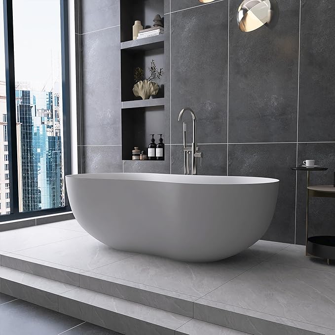 67 Inch Stone Resin Freestanding Bathtub, Contemporary Peanut Oval Stand Alone Soaking Tubs, Solid Surface Bathtub with Drain & Integrated Slotted Overflow Matte White AM331-1700