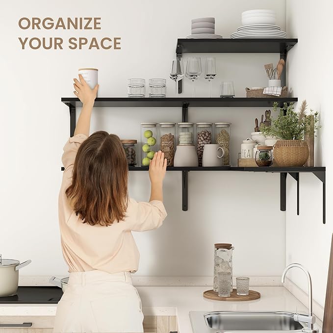 Fun Memories Floating Shelves for Wall, 12 Inch Deep Floating Shelves Set of 2, Wall Mounted Shelf with Metal Brackets, Rustic Wood Wide Shelf for Bathroom, Kitchen and Living Room, Black, 55W x 12D