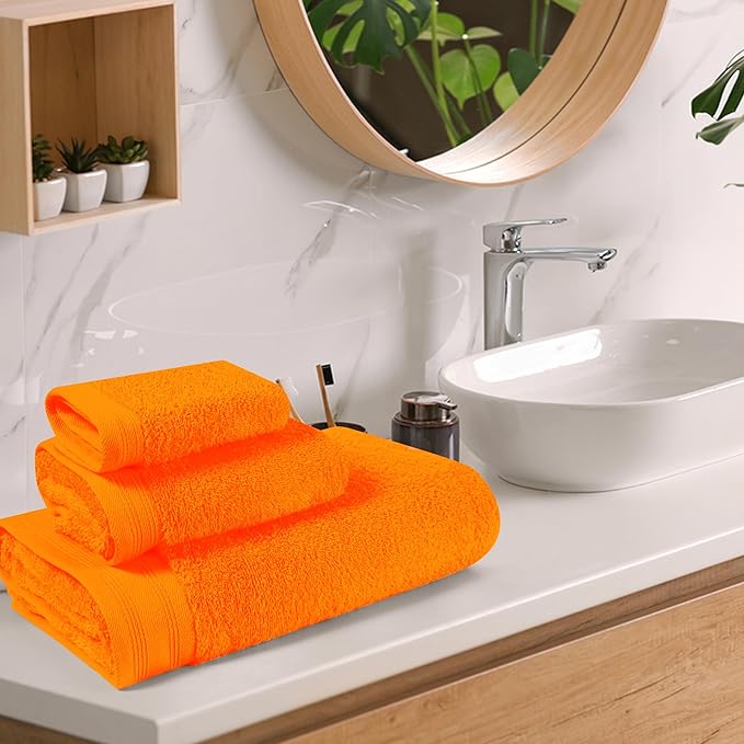 Ultra Soft 3 Pack Cotton Towel Set, Contains a Bath Towels 28x55 inch, a Hand Towels 16x24 inch & a Wash Coths 12x12 inch, Ideal Everyday use, Compact & Lightweight - Orange