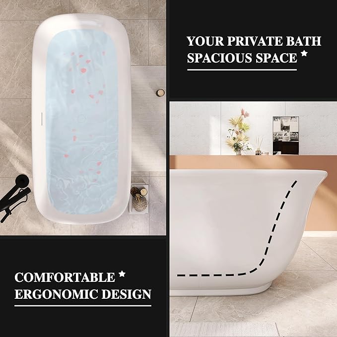59" Acrylic Freestanding Bathtub, Soaking Tub for Bathroom, Stand Alone Tub, cUPC Certified, Integrated Overflow and Drain, Gloss White