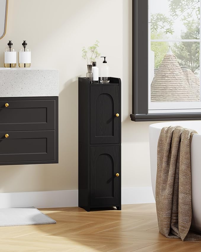 Bathroom Storage Cabinet, Corner Floor Cabinet with 2 Doors and Adjustable Shelf, Narrow Toilet Paper Cabinets, Bathroom Organizer for Small Spaces, 7.9" D x 7.9" W x 29.5" H Black