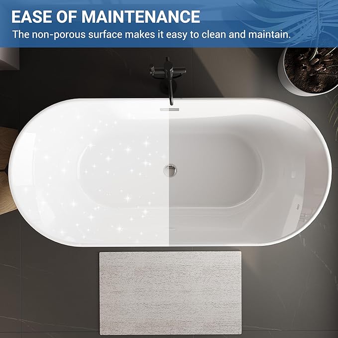 Freestanding Bathtub, 59 Inch Acrylic Soaking Tub, Elliptical Design with Chrome Drain & Overflow, White Finish for Contemporary Bathrooms