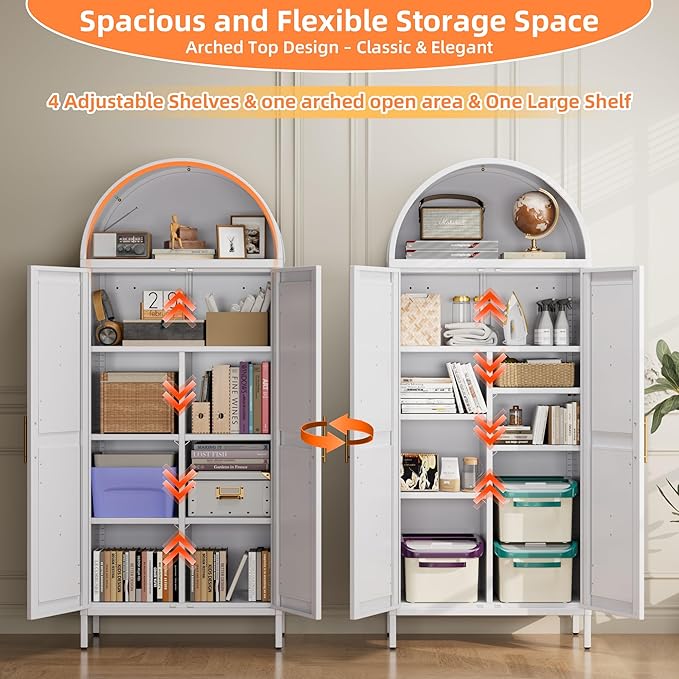 Kitchen Pantry Cabinet, Metal Arched Storage Cabinet with Doors and Adjustable Shelves, Farmhouse Cupboard for Dining Room, Living Room, Bathroom(White