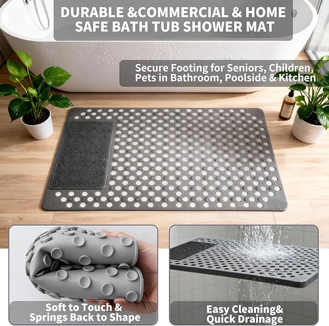 Bath Tub Shower Mat with Soft Shower Foot Scrubber Mat for Massage,Non Slip Bathtub Mat with Strong Suction Cups, Silicone Shower Foot Scrubber Mat (Gray, 35.4" X 23.6"(Rectangular))