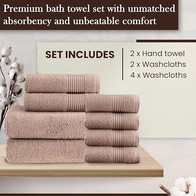 HALLEY Turkish Cotton Towels (Set of 8) 2 Bath Towels 2 Hand Towels 4 Washcloths, Super Soft Highly Absorbent 100% Cotton Towels for Bathroom and Kitchen for Mother’s Day (Taupe)