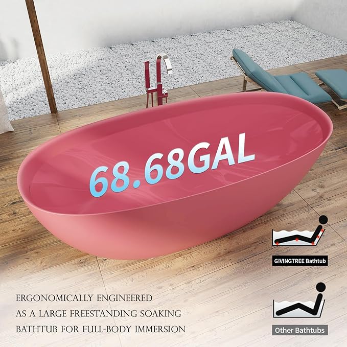 GIVINGTREE 65'' Freestanding Solid Surface Resin Stone Bathtub, Contemporary Design Stand Alone Tub with Pop-up Drain and Overflow, cUPC Certified, Pink (Oval)