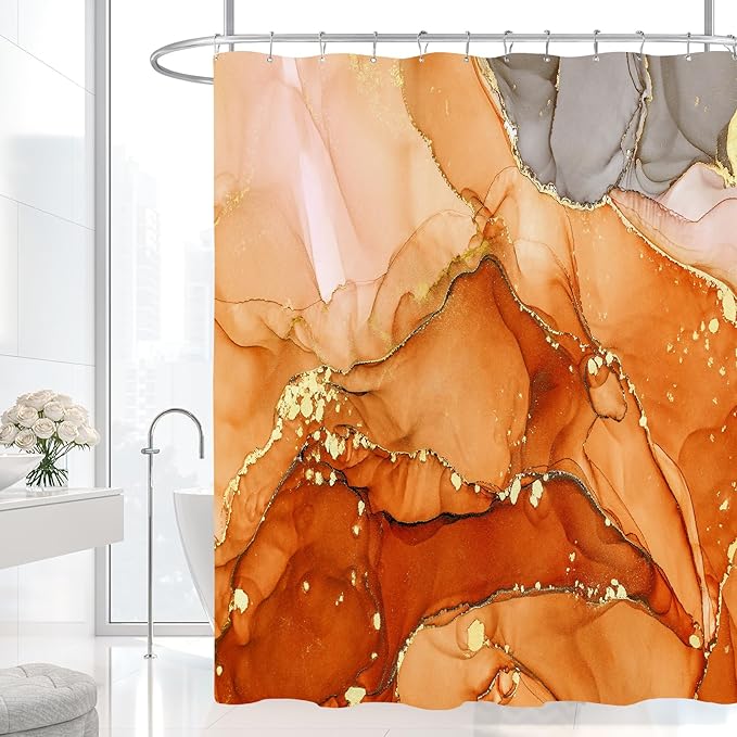 Extra Long Shower Curtain 72 x 84 Inch, Orange Tall Abstract Marble Shower Curtains for Bathroom, Modern Luxury Art Decor Ink Texture Fabric Shower Curtain Set with Hooks