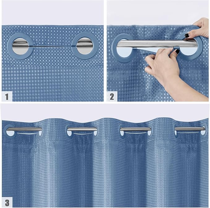 MitoVilla Blue Waffle Small Stall Shower Curtain Liner Set 36 x 74, No Hooks Required Half Size Narrow Fabric Cloth Shower Curtain Set with Snap-in Liner for Modern Bathroom Decor, Moonlight Blue