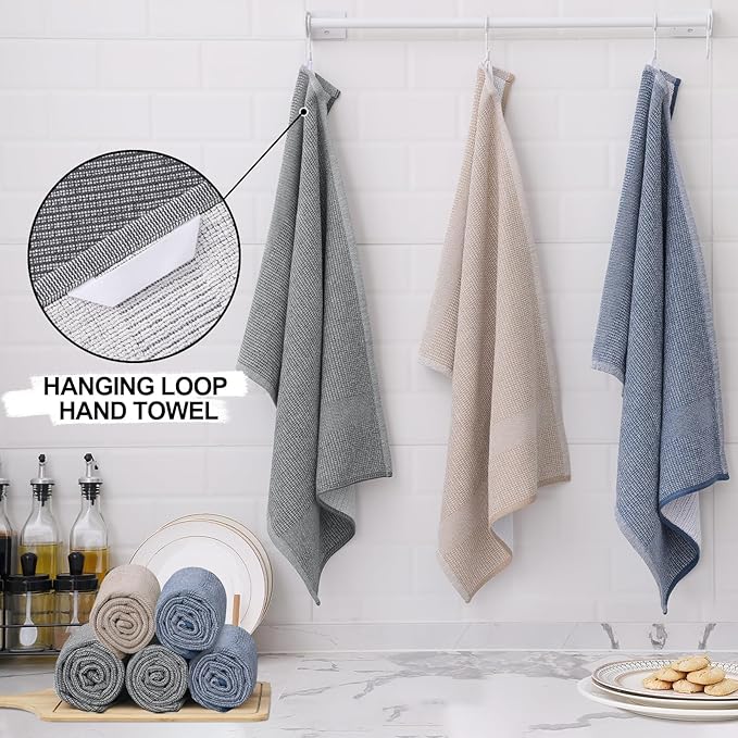 Homaxy Premium Kitchen Towels(18”x 28”, 6 Pack), Large Cotton Kitchen Hand Towels, Flat and Terry Dish Towels, 380 GSM Highly Absorbent Tea Towel Set with Hanging Loop, Multicolor