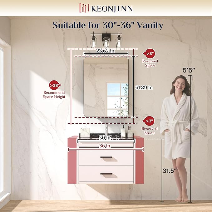 Keonjinn 24 x 32 Inch Brushed Nickel Mirrored Medicine Cabinet, Recessed Medicine Cabinets for Bathroom, Silver Stainless Steel Framed, Adjustable Shelves, in Wall or Surface Mount, Modern Style