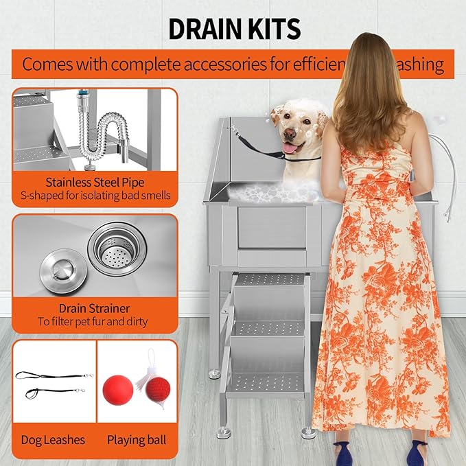 38" Dog Washing Station Large Dogs Grooming Tub Professional Stainless Steel Dog Bathtubs Bathing Tub Pet Washing Station for Home with Steps,L-Door