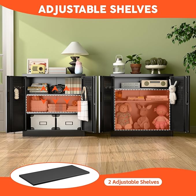 Aobabo 31.5" H Metal Storage Cabinet with 2 Shelves, Garage Storage Cabinet with Lock and 4 Hooks for Home Office Garage, Black, Assembly Required
