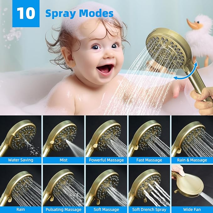 Hibbent High Pressure 13'' Dual Shower Head Combo with 10-mode Handheld Spray, Upgraded Rainfall 5-spray Shower Head, 12'' Adjustable Extension Arm, 71'' Hose, Showerhead Holder, Brushed Gold