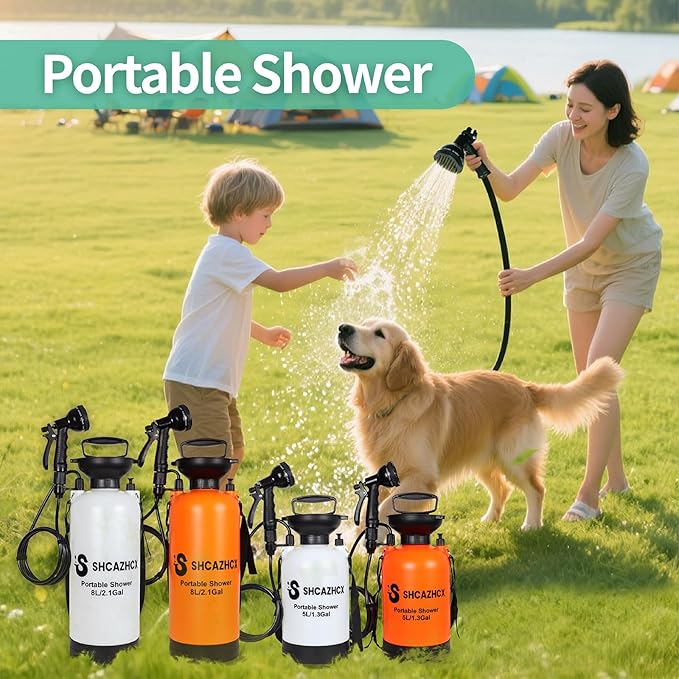 1.3 Gallon/5L Portable Outdoor Shower, 10 Spray Modes, No Power Needed, Insulated Sleeve Keeps Water Warm, Multi-Use Sprayer for Camping, Beach & Surfing, Fishing, Hiking, Road Trips, Orange