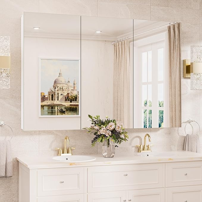 TokeShimi 48x32 Mirror with Stepless Adjustable Storage, Aluminum Tempered Bathroom Mirror Medicine Cabinet White, Frameless Farmhouse Medicine Cabinet for Recessed or Surface Mount Modern