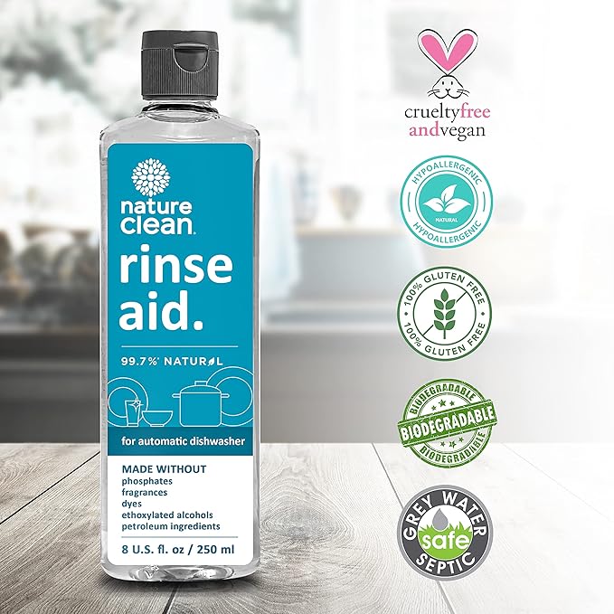 Nature Clean All Natural Dishwasher Rinse Aid Cleaner, Liquid Dishwasher Rinse Agent for Spot-Free Glass & Cutlery in Hard Water, Non Toxic Dish Washer Rinse Aid & Stain Remover, 8 oz/250ml, Pack of 1