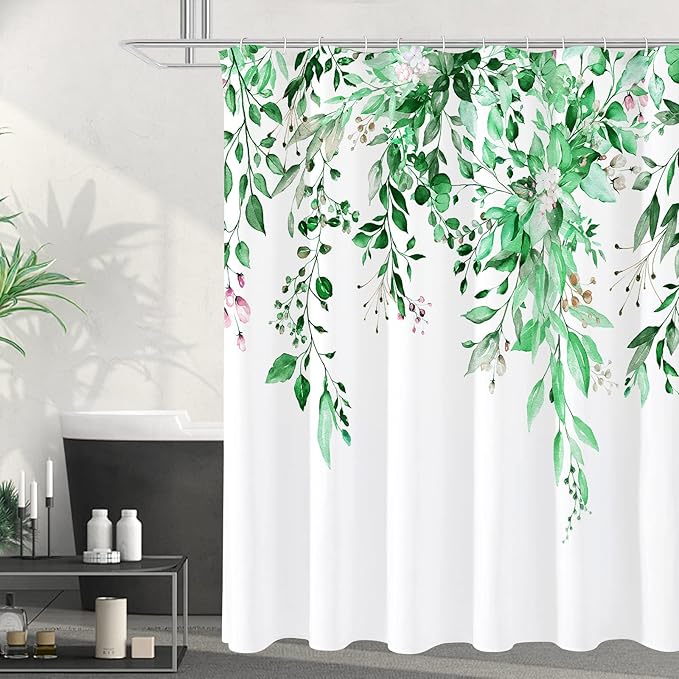 Gibelle Extra Long Shower Curtain 72 x 84, Emerald Green Floral Shower Curtain for Bathroom, Watercolor Plant Eucalyptus Leaves Fabric Shower Curtain Set