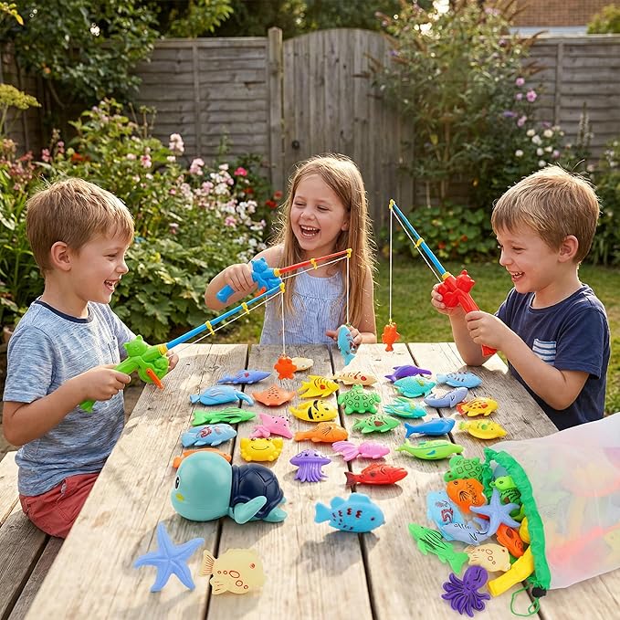 Magnetic Fishing Pool Toys Game, Water Table Bathtub Bath Toy - Pole Rod Floating Fish, Birthday Party Gifts for Toddler Age 3 4 5 6 Year Old, Kids Outdoor Toys