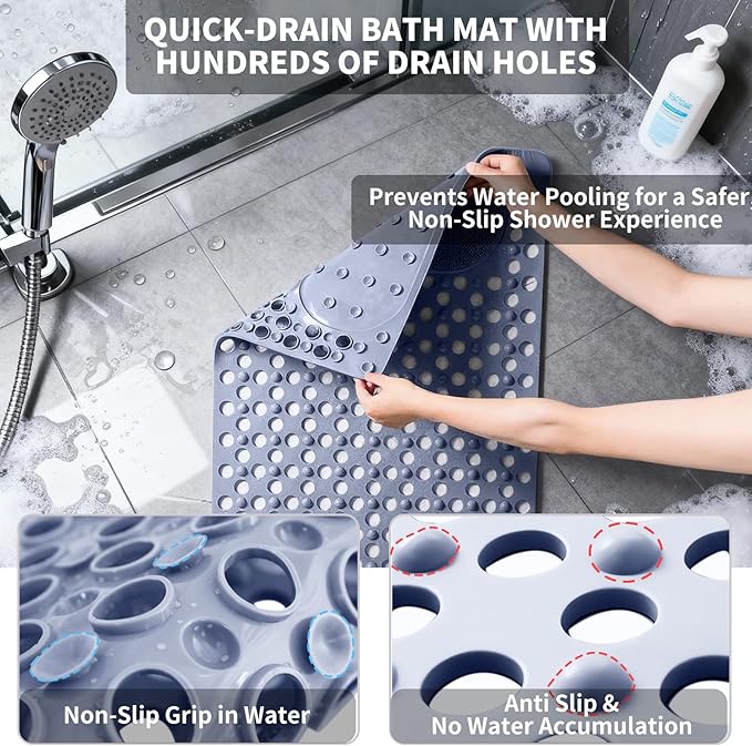 Bath Tub Shower Mat with Soft Shower Foot Scrubber Mat for Massage,Non Slip Bathtub Mat with Strong Suction Cups, Silicone Shower Foot Scrubber Mat (Dusty Blue, 27.5" X 15.7"(Rectangular))
