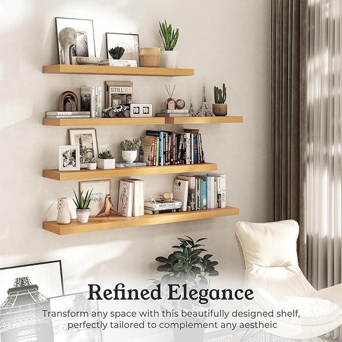 Floating Shelves for Wall, 9.3" Deep Wall Mounted Wood Shelves for Bathroom, Bedroom, Living Room, Kitchen, Hanging Shelf for Books/Storage/Room Decor (Oak, 55")