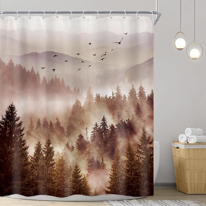 Riyidecor Foggy Mountain Shower Curtain 60Wx72H Inch Abstract Woodland Misty Nature Scenery National Park Scene Rustic Tree Landscape Natural Bathroom Decor Fabric Polyester Waterproof 12 Pack Hooks